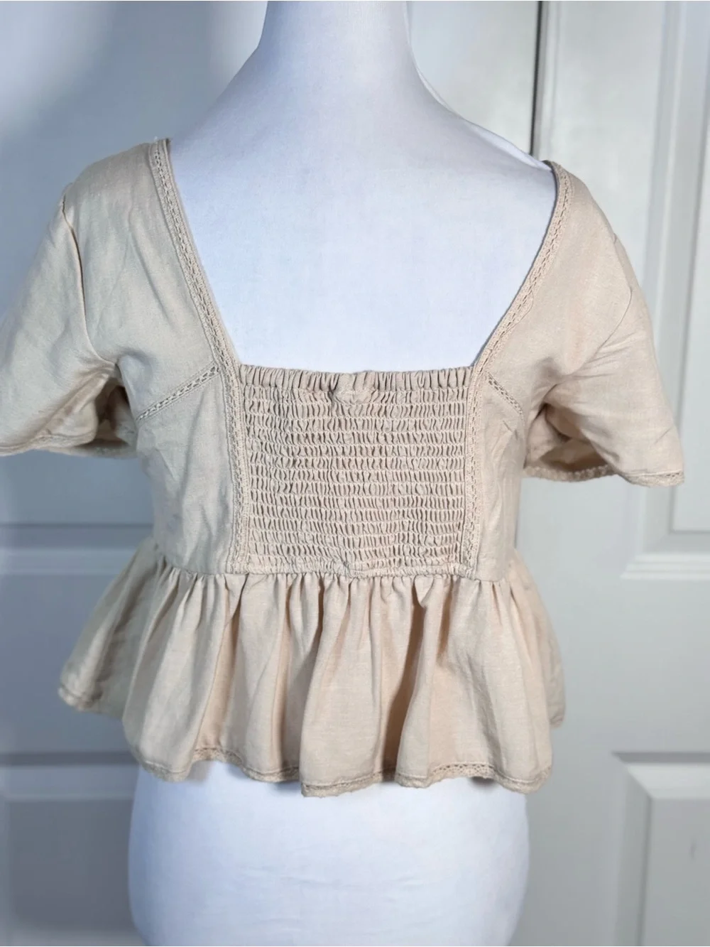 Cream Linen Blend Eyelet Peplum Top S Square Neck Cottagecore Coquette Prairie